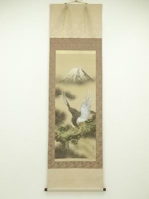 秀峰筆　富士松上鷹　肉筆絹本掛軸（保護箱）